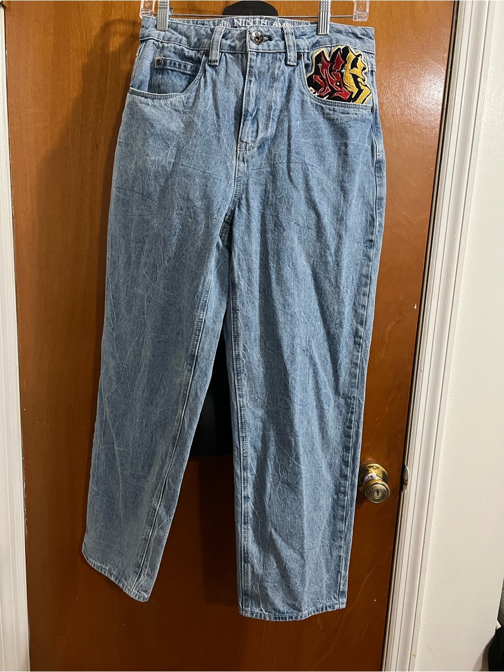 Light Blue Straight Leg Women's Jeans with Flame Patch